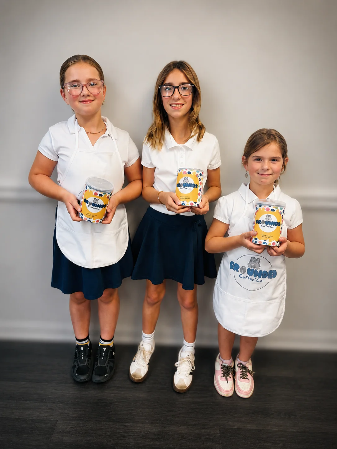 The three founders of Grounded Coffee Co. standing side by side, each holding a tin of coffee.